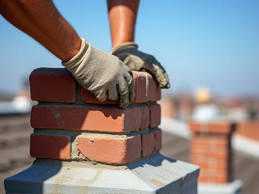 Chimney masonry being repaired on a rooftop