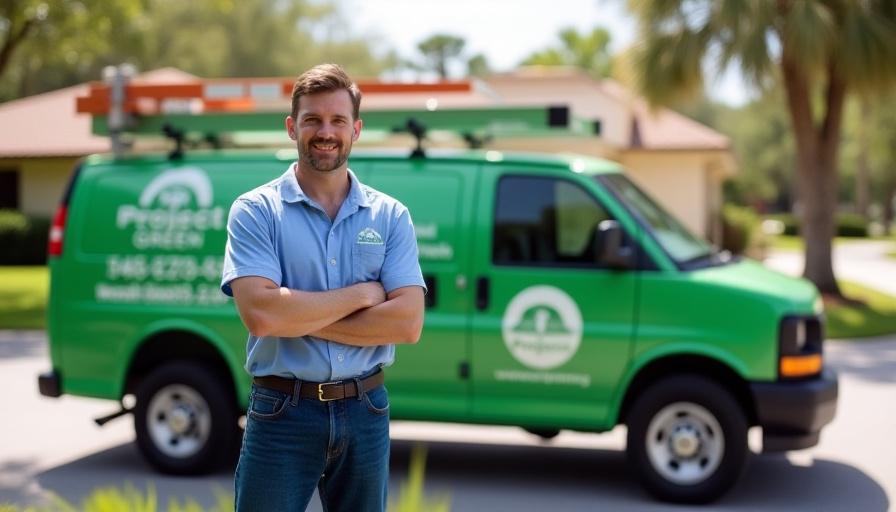 Project Green technician standing proudly next to a branded service truck in Fellsmere